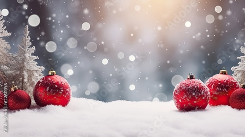 red christmas balls on snow with copy space