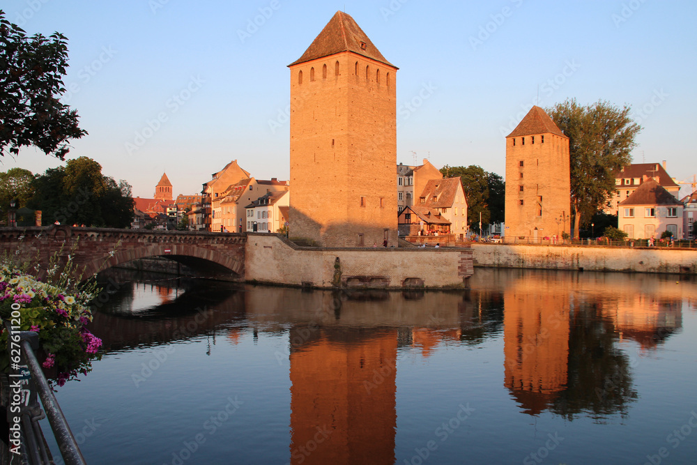 river ill and medieval towers (ponts couverts) in strasbourg in alsace (france)