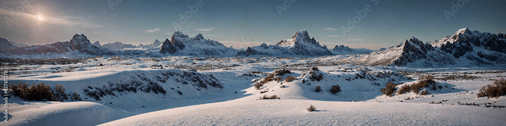 Winter landscape, with high cliffs. Rocks. Snow cliffs. Wide format, large image. 4К.