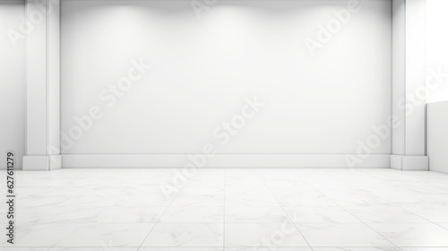 White wall empty apartment room with marble floor and walls. Copy space for product placement. Generative AI