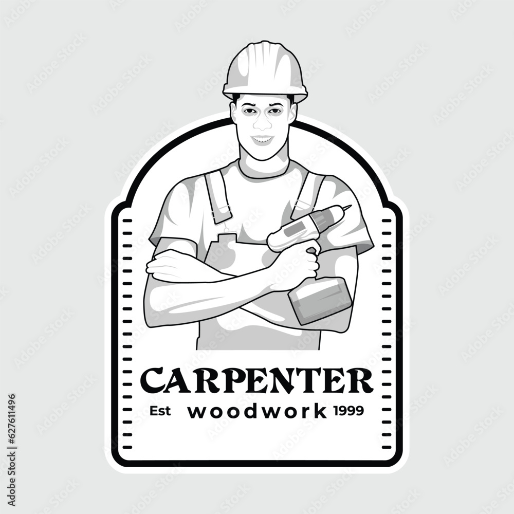 Carpenter Badge Emblem, Woodworking Detailed Logo Vector Vintage Black and White