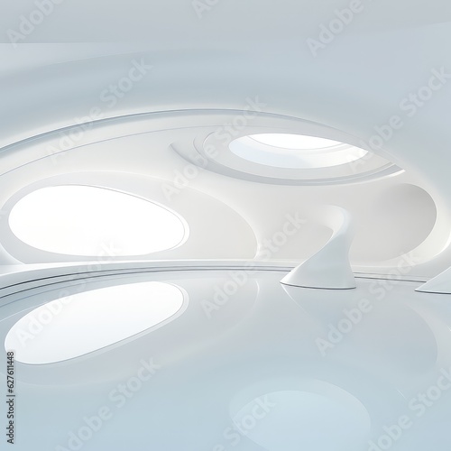 White abstract background with round windows, white architecture, creative modern building design in the future 3d