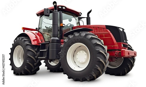 Agricultural tractor of new design and red color on white.