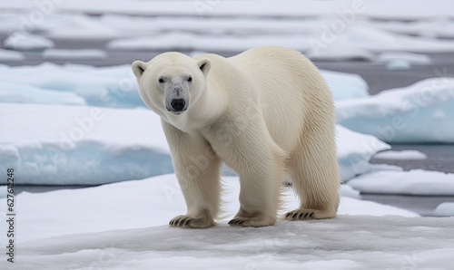 The white bear stands regally on the Arctic glacier