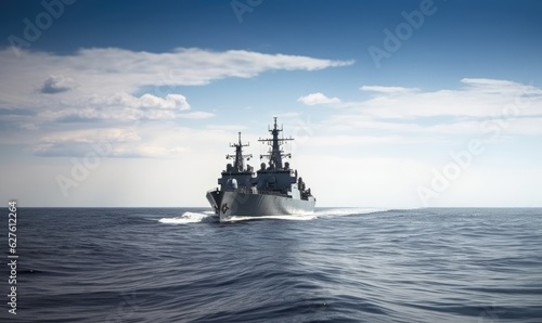 The imposing military cruiser sailed peacefully on the tranquil sea © uhdenis