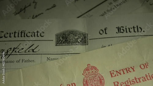 Slow panning shot of Genealogy documents - British birth, marriage and death certificates