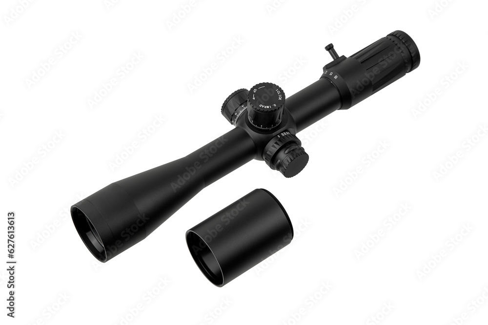 Modern sniper scope on a white background. Optical device for aiming and shooting at long distances. Modern sniper scope on a white background. Optical device for aiming and shooting at long distances.
