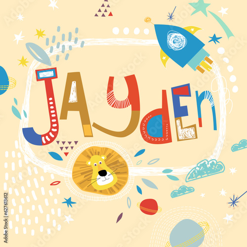 Bright card with beautiful name Jayden in planets, lion and simple forms. Awesome male name design in bright colors. Tremendous vector background for fabulous designs photo