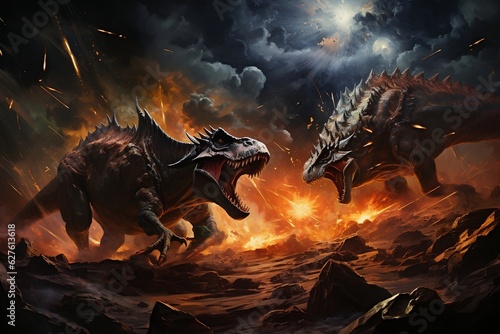 Allosaurus and Styracosaurus Duel with Comet Nearby. AI