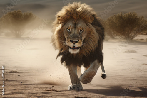 a large lion running across a dirt field, a photorealistic, generative AI © Kien