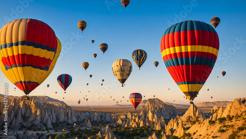 Hot air balloons flying over spectacular Cappadocia.T urkey photo