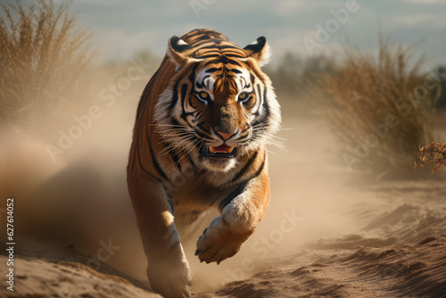 a large tiger running across a dirt field, a photorealistic, generative AI © Kien