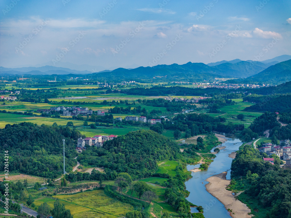Overlook of Chinese rural houses and river scenery,Aerial photography of pastoral scenery in Jiangxi, China