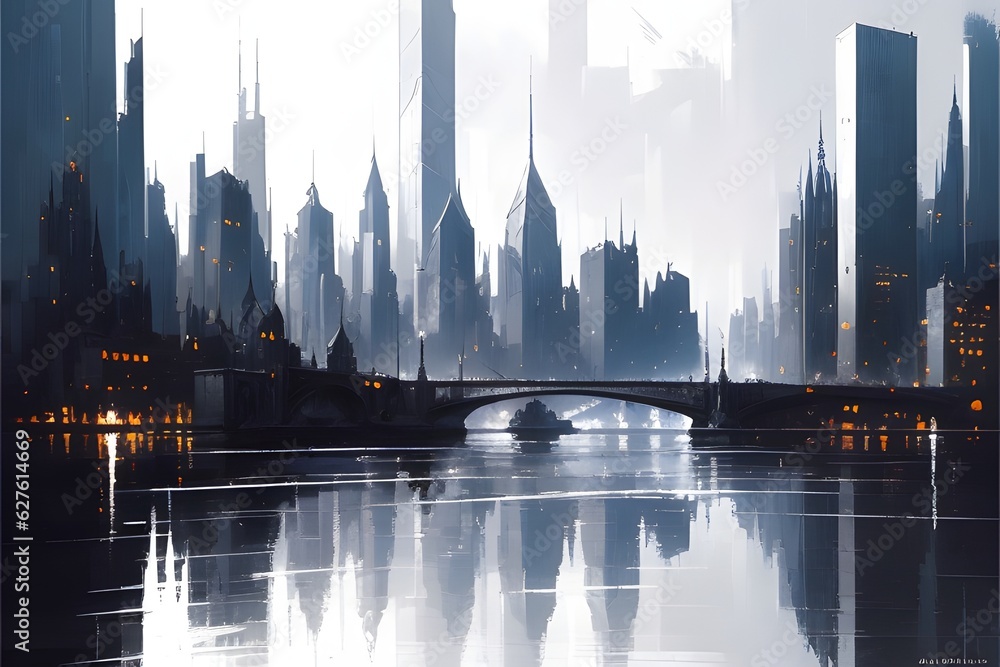 Obraz premium Digital illustration of a city with skyscrapers. Generative AI illustration.