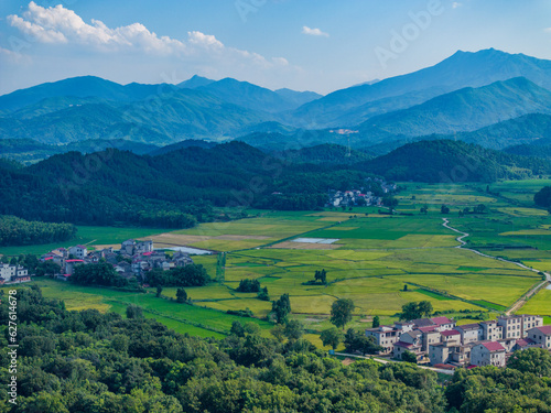 Overlook of Chinese rural houses and river scenery Aerial photography of pastoral scenery in Jiangxi  China