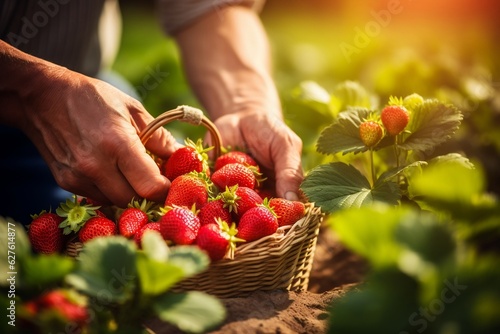Close-up of Worker's Hand Picking Fresh Strawberry.AI