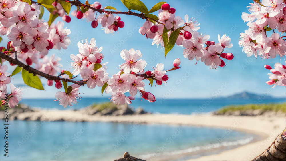 Fototapeta premium Pink cherry blossom, sea background