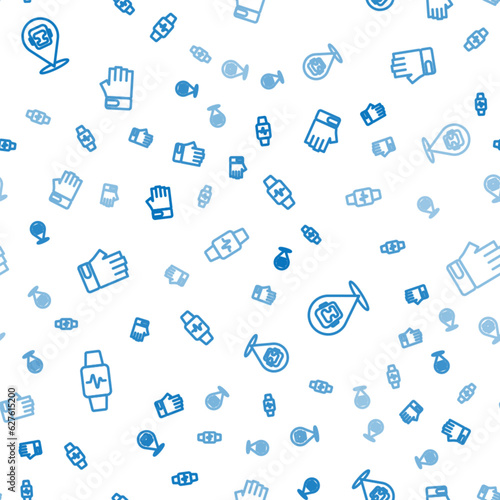Set line Smart watch with heart, Boxing helmet and MMA glove on seamless pattern. Vector