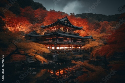 Kyoto s Rurikoin temple shrouded in nightfall amid a burst of fiery red autumn foliage. Generative AI