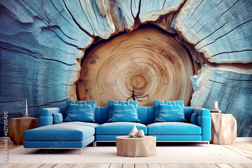 Blue corner sofa and coffee table against wall with tree cross-section. Minimalist home interior design of modern living room.
