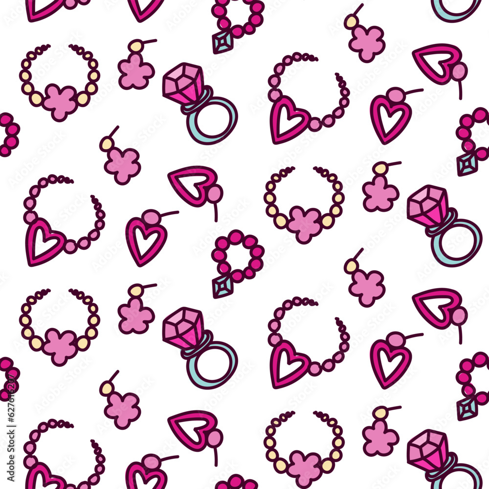 Barbie pattern with decorative ornaments. Jewelry in pink. Barbie style. Ring, earrings, beads, bracelet. Packaging for a girl for any holiday