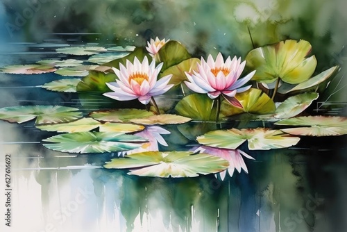 Water lilies watercolor or oil drawing landscape. Generative AI