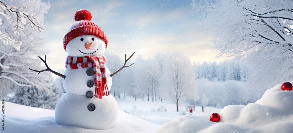 Fototapeta premium Frosty snowman in a white winter wonderland, ideal for holiday seasons greeting card banner.