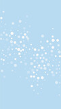Falling snowflakes christmas background. Subtle flying snow flakes and stars on light blue winter backdrop. Beautifully falling snowflakes overlay. Vertical vector illustration.