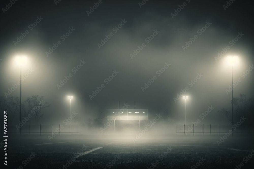 Night soccer stadium with floodlights, fog and grass field. Generative AI