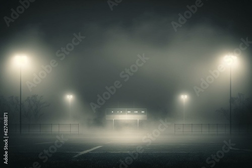 Night soccer stadium with floodlights, fog and grass field. Generative AI © Azeneth