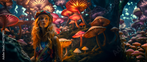 young woman, girl in her 20s stands in a lush forest, surrounded by colorful, psychedelic, mushrooms. She is looking off camera, magic, imaginary, twisted atmosphere, out of reality concept. Banner.