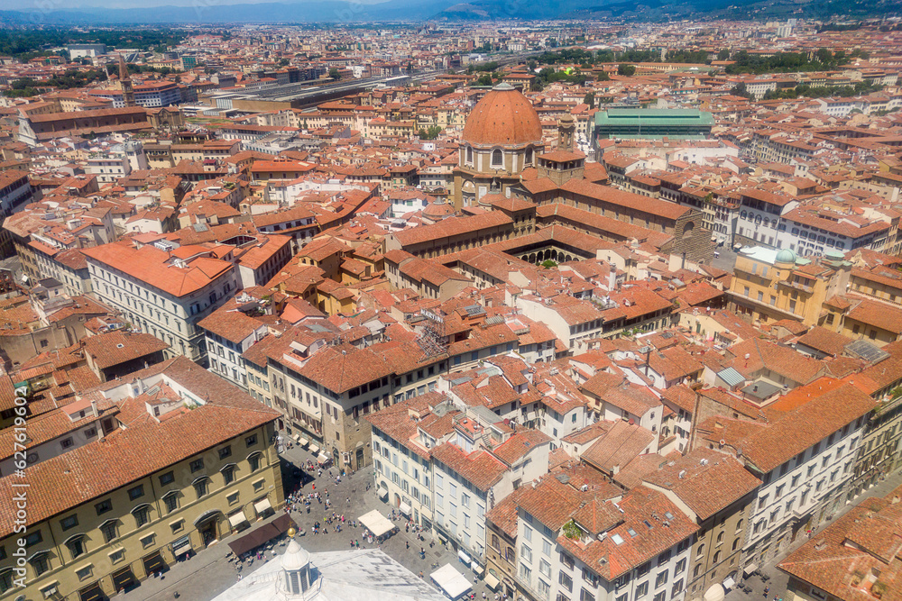Florence, Italy - June 28, 2023: Panoramic rooftop view of the medieval famous city of Florence, Italy 
