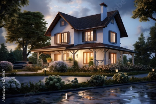 3D rendering of a beautiful house with a garden in the evening, 3d beautiful residential house render, AI Generated