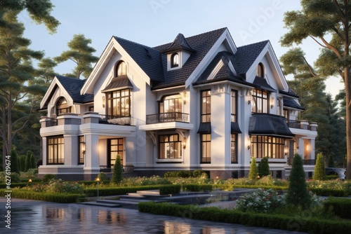 3d rendering of modern cozy classic house in colonial style with garage. 3d beautiful residential house render, AI Generated