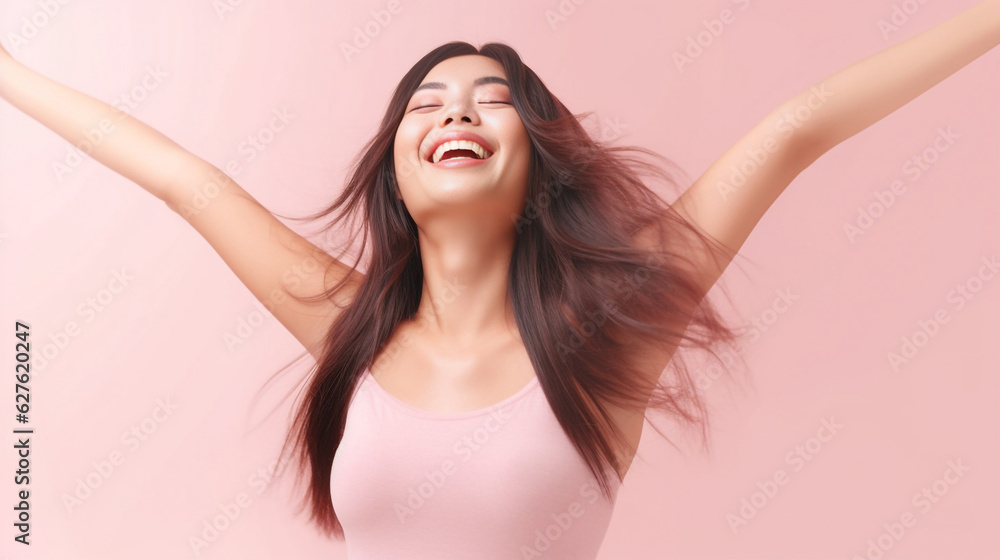 Fototapeta premium a charming smile and relaxed demeanor, a pretty lady in an underwear dress raises her arms wide, revealing smooth armpits against pastel pink old rose background. generative AI.