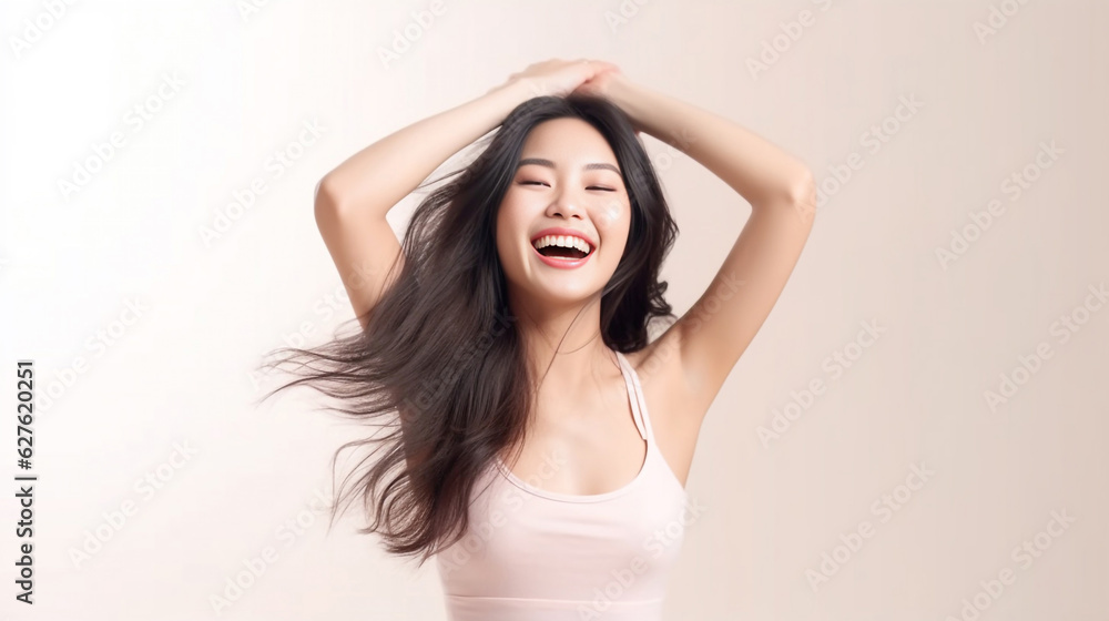 a charming smile and relaxed demeanor, a pretty lady in an underwear dress raises her arms wide, revealing smooth armpits against pastel pink old rose background. generative AI. a charming smile and relaxed demeanor, a pretty lady in an underwear dress raises her arms wide, revealing smooth armpits against pastel pink old rose background. generative AI.
