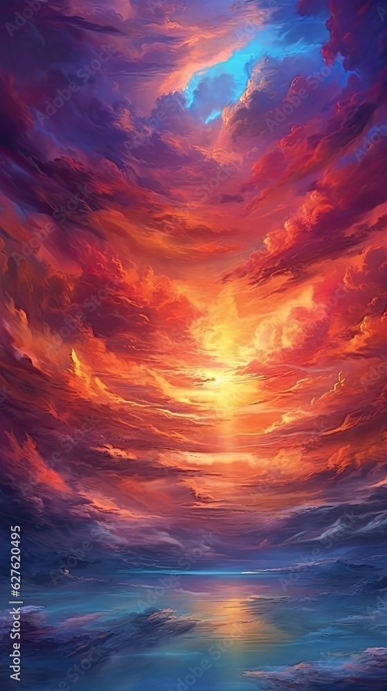 An abstract sunset sky with fiery hues and wispy clouds, imbuing a sense of warmth and tranquility. Colorful illustration art. Generative AI