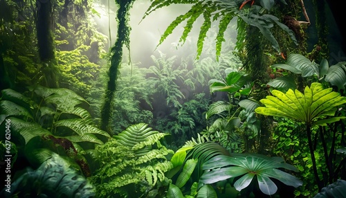 tropical jungle, vibrant jungle with lush green foliage, exotic plants, a variety of wildlife, rich biodiversity,  beauty of the tropical rainforest, jungle wallpaper, ai generated, generated ai  photo