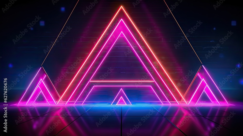 An abstract neon stage featuring glowing tetrahedrons suspended in mid-air, creating an otherworldly and surreal atmosphere. Abstract futuristic neon light background. Generative AI