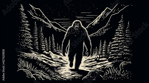 Simple black and white Linocut art of a Sasquatch in the woods. Simplistic lino print Bigfoot illustration. Generative AI photo