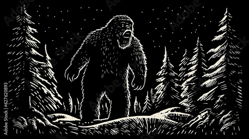 Simple black and white Linocut art of a Sasquatch in the woods. Simplistic lino print Bigfoot illustration. Generative AI photo