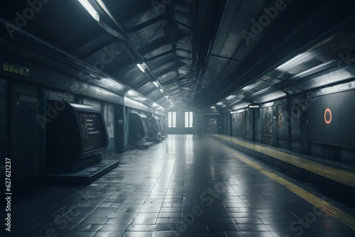 Desolate deserted subway. Futuristic underground. Generated with AI. Generative AI