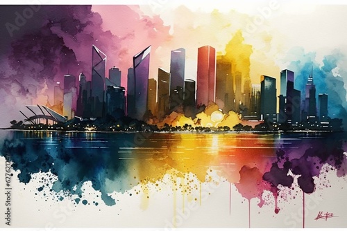 Vivid watercolor painting of Singapore's cityscape. Generative AI