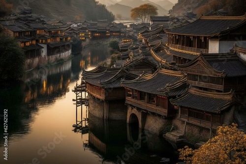 A picturesque Chinese village beside a serene river, characterized by stunning architecture. Generative AI