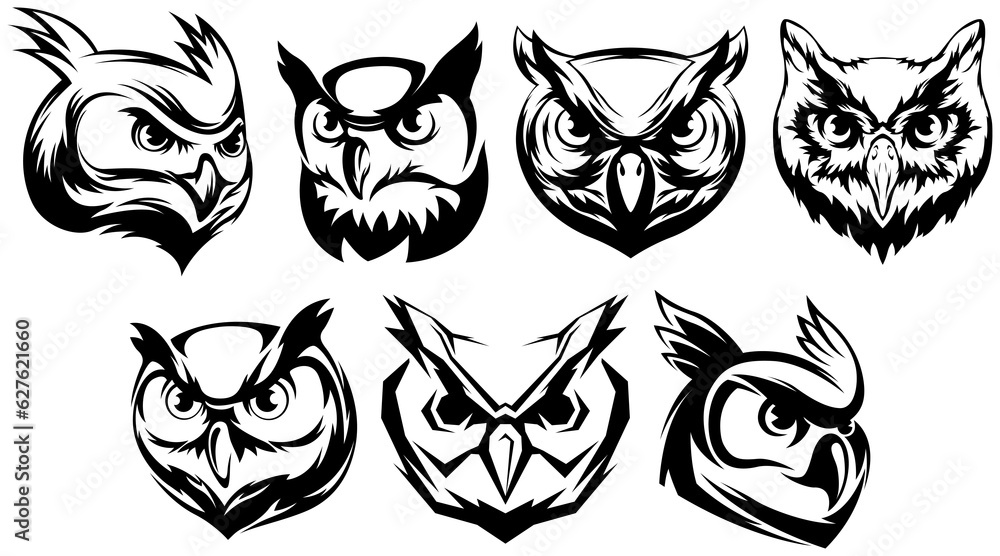 Head of owl isolate on white. Abstract birds character illustration variant set. Graphic logo design templates for emblem. Image of portrait. Head of owl isolate on white. Abstract birds character illustration variant set. Graphic logo design templates for emblem. Image of portrait.