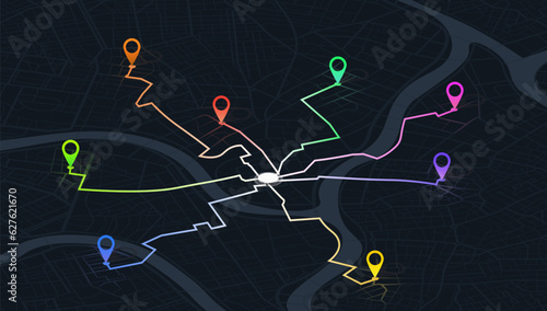 GPS navigator screen with street roads, location, destination points. City top view. Online. Vector, illustration isolated. Urban highway plan, destination. Abstract transportation background.