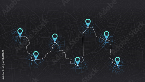 GPS navigator screen with street roads, location, destination points. City top view. Online. Vector, illustration isolated. Urban highway plan, destination. Abstract transportation background.