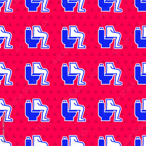 Blue Men sitting on the toilet and Constipation are experiencing severe abdominal pain icon isolated seamless pattern on red background. Vector