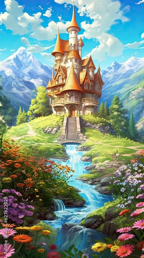 A dreamy fairytale castle on a hill surrounded by blooming fields of flowers. Colorful illustration art. Generative AI