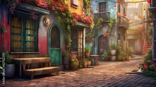 A charming European village with cobblestone streets and colorful medieval architecture. Colorful illustration art. Generative AI